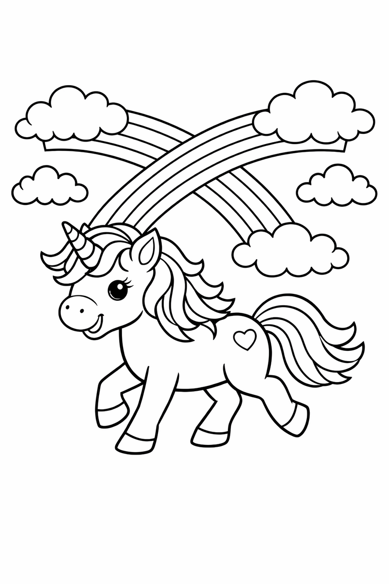 A happy unicorn trotting beneath two arching rainbows crossing the sky with puffy clouds at each end coloring page