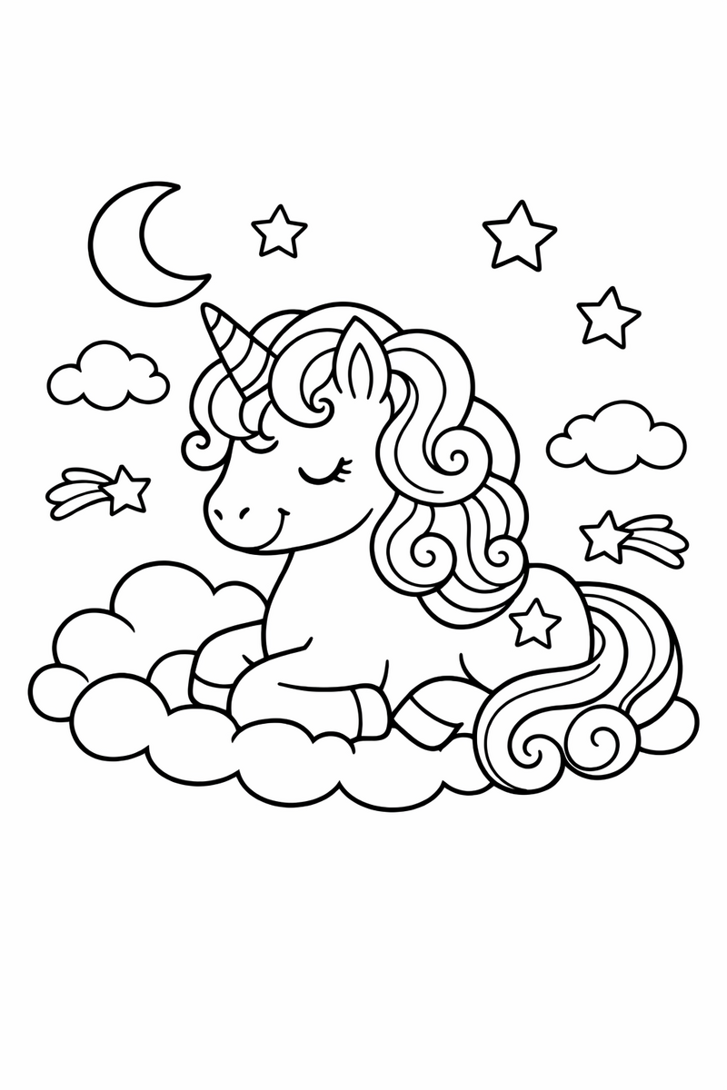 Dibujo de unicornio soñador con crin rizada para colorear