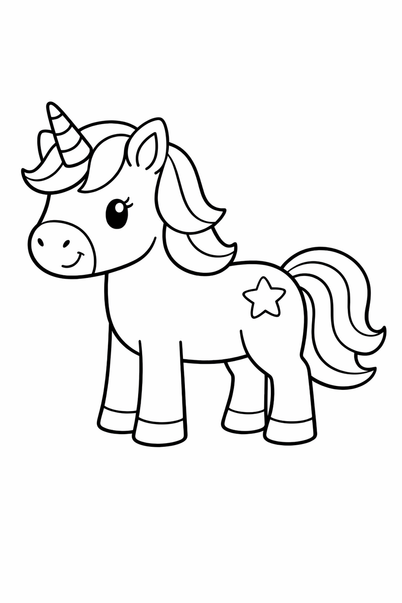 Dibujo sencillo de un unicornio de pie con fondo despejado, fácil para niños, para colorear