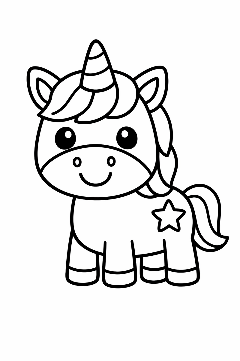 Dibujo muy sencillo de un unicornio con cara amistosa y líneas extra gruesas, fácil para niños pequeños, para colorear
