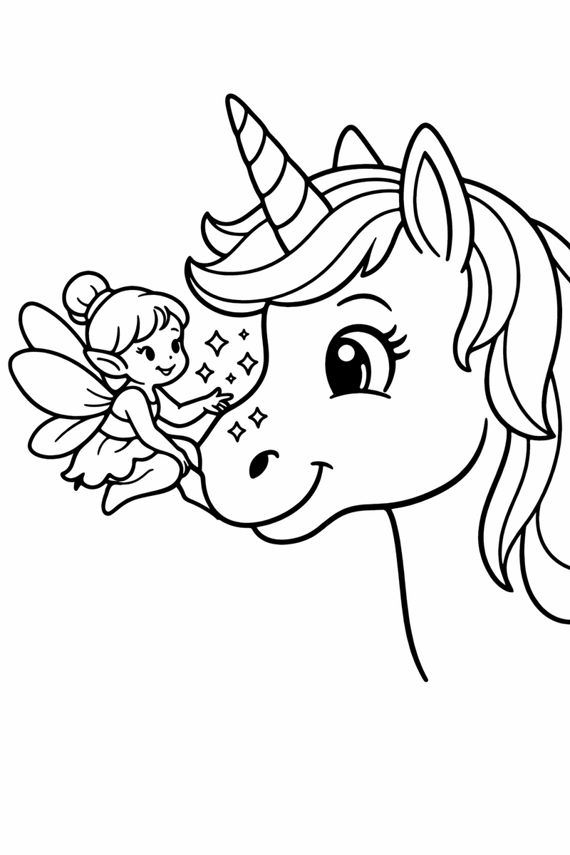 A tiny winged fairy perching on the nose of a smiling unicorn with sparkles drifting between them coloring page