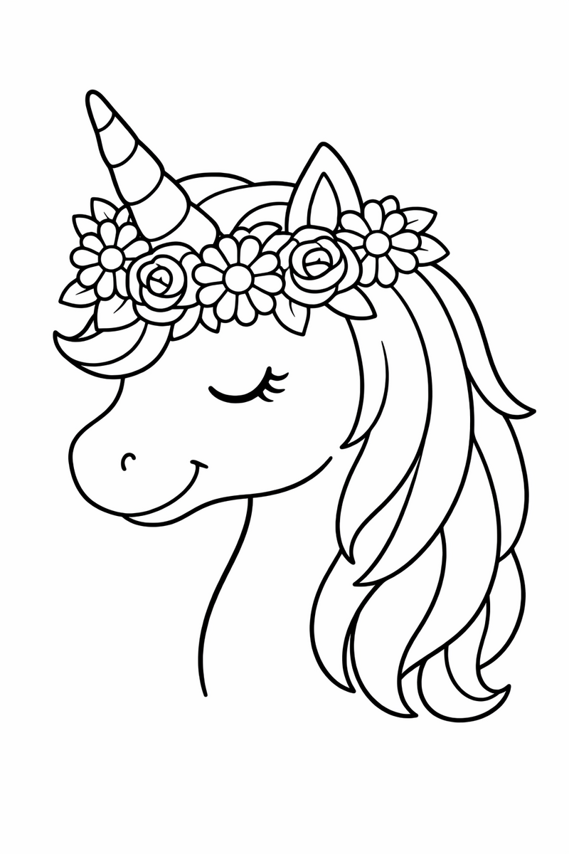 A gentle unicorn wearing a woven crown of daisies and roses around its horn with a soft closed-eye smile coloring page