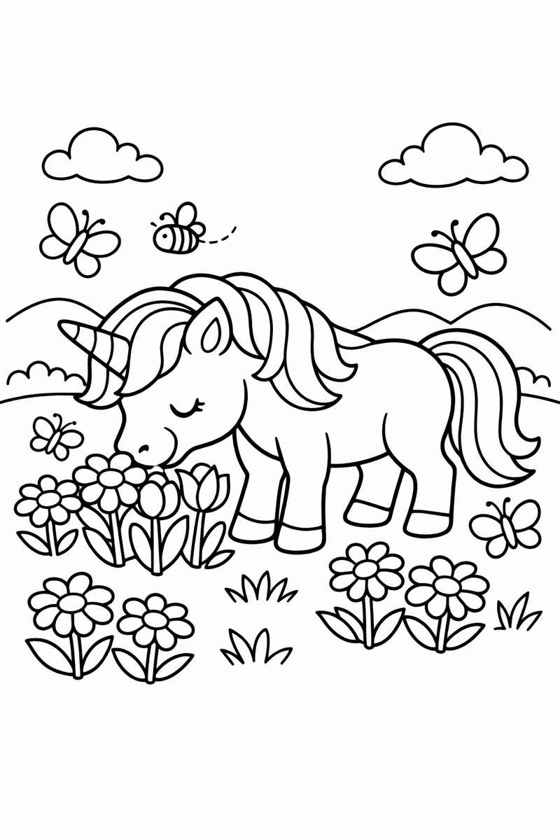 Dibujo de un unicornio oliendo flores en un prado primaveral con abejas y mariposas para colorear