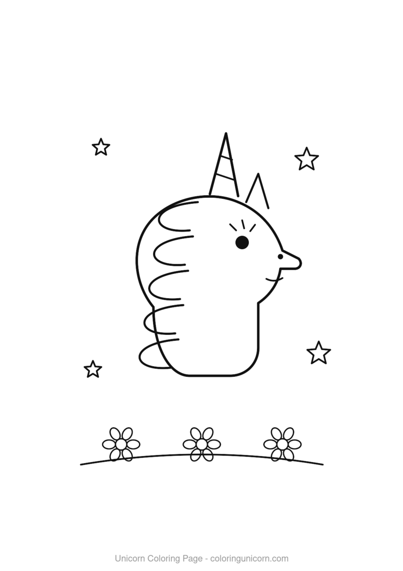 Friendly unicorn with flowers and stars coloring page