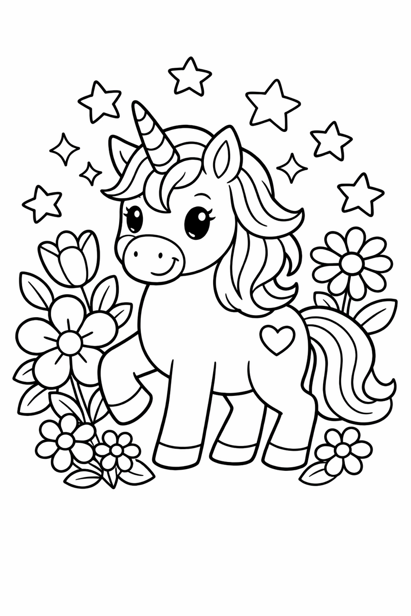 Dibujo de unicornio amistoso con flores y estrellas para colorear