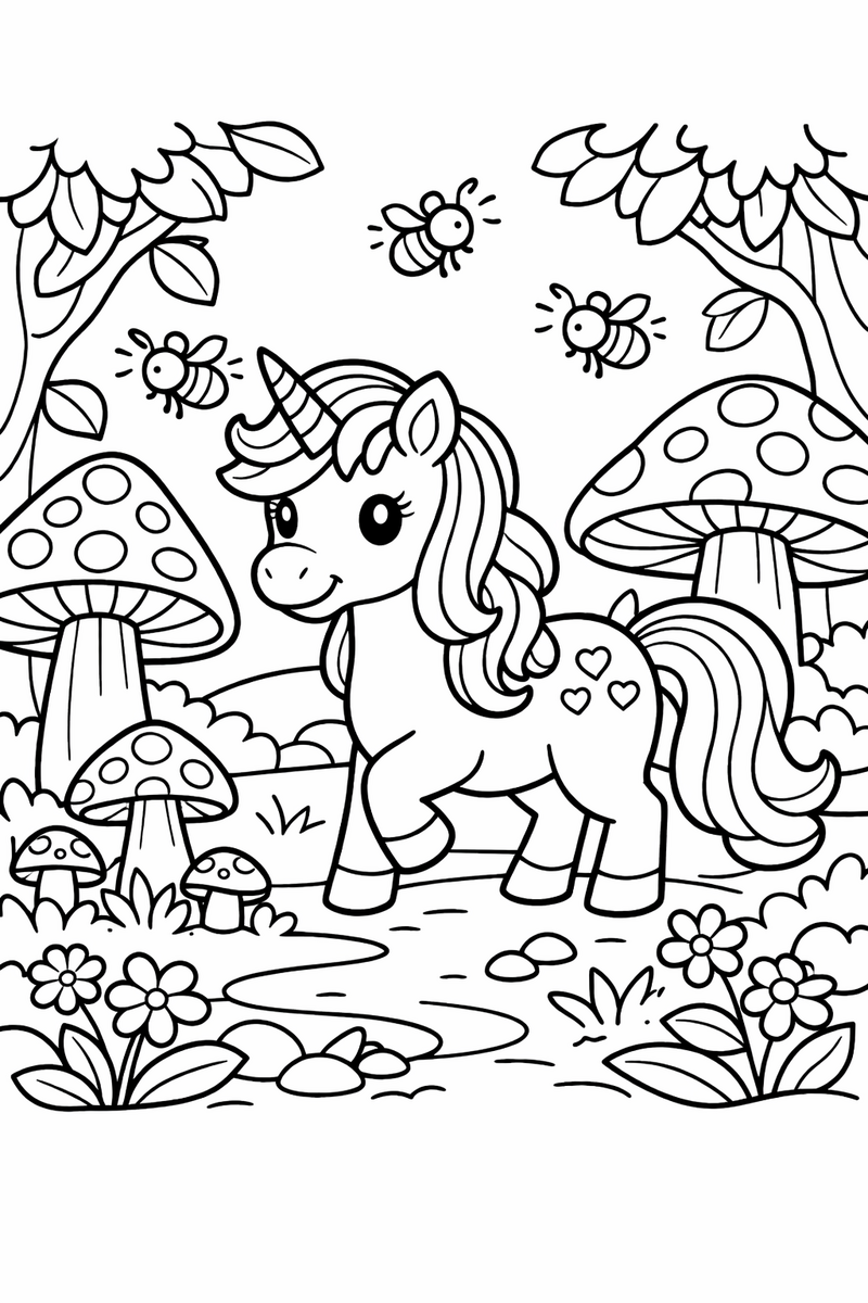 Dibujo de un unicornio en un bosque encantado con setas gigantes y luciérnagas para colorear