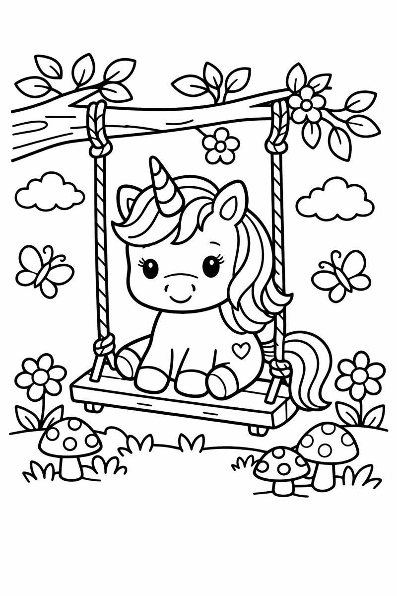 Dibujo de un unicornio en un columpio colgado de la rama de un árbol para colorear