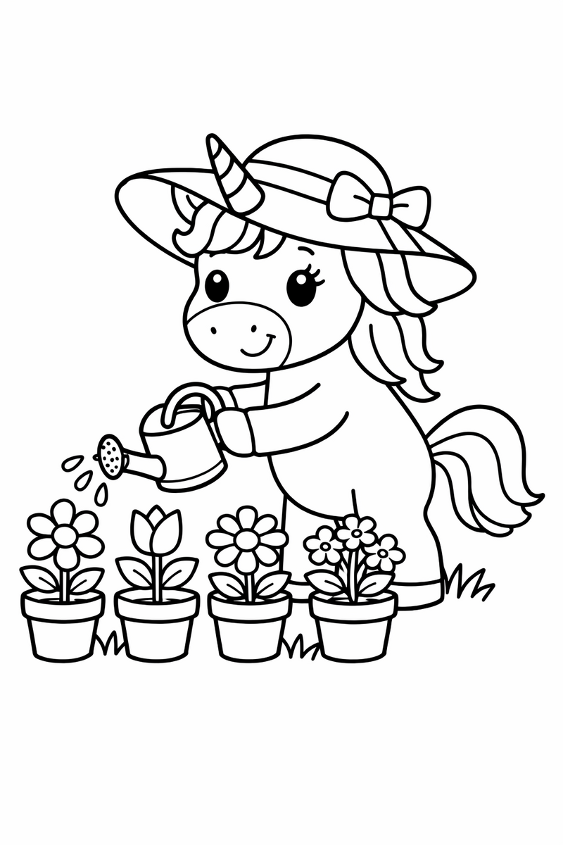 A busy unicorn in a sun hat watering a row of potted flowers with a little watering can coloring page