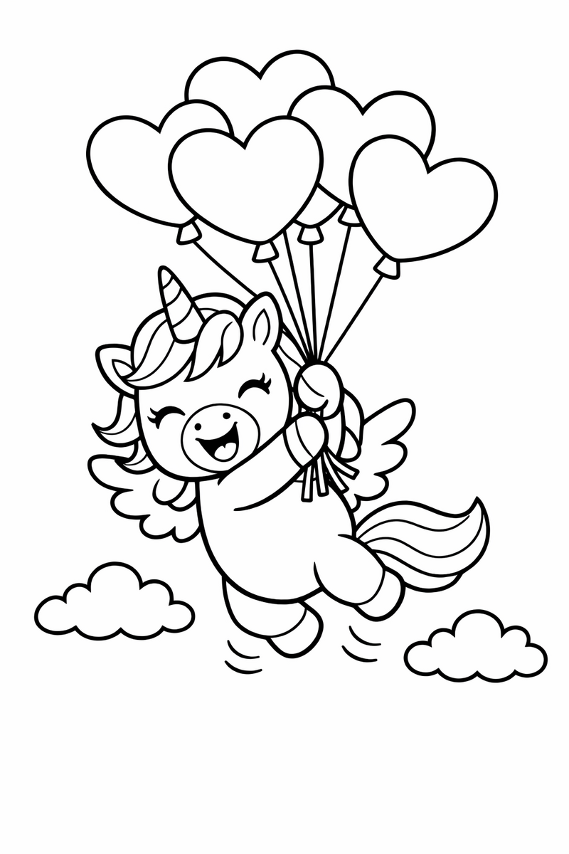 A cheerful unicorn holding a bunch of heart-shaped balloons by their strings and lifting off the ground coloring page
