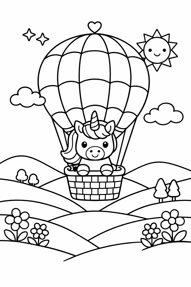 Dibujo de un unicornio en un globo aerostático sobre colinas para colorear