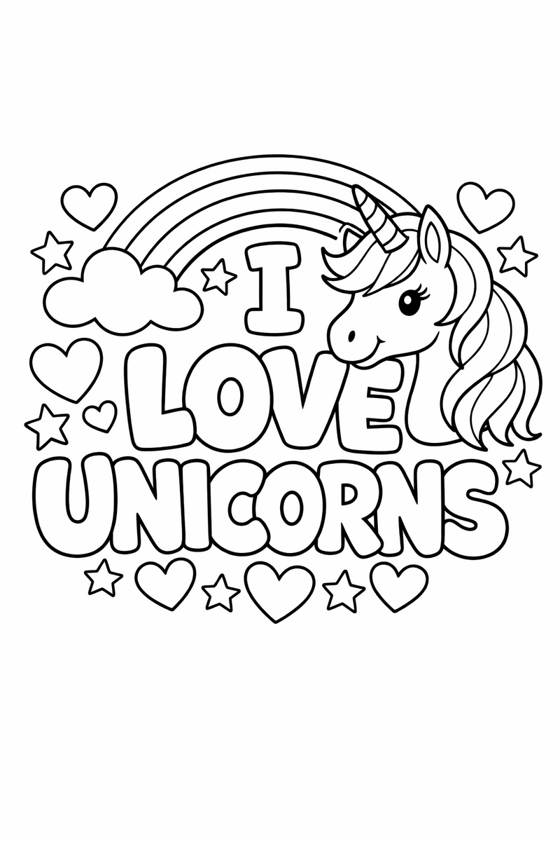 The words I LOVE UNICORNS in puffy bubble letters framed by a unicorn head, hearts, stars and a rainbow coloring page