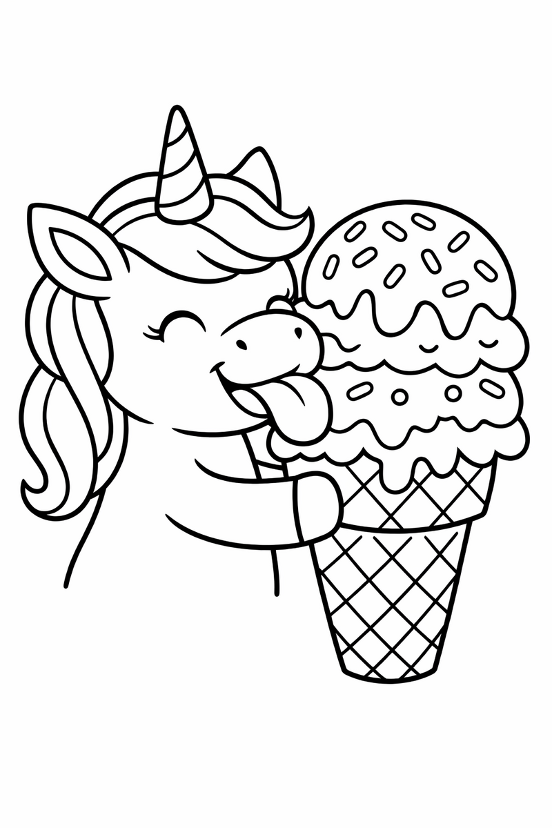 Dibujo de un unicornio lamiendo un gran helado de cucurucho con virutas para colorear