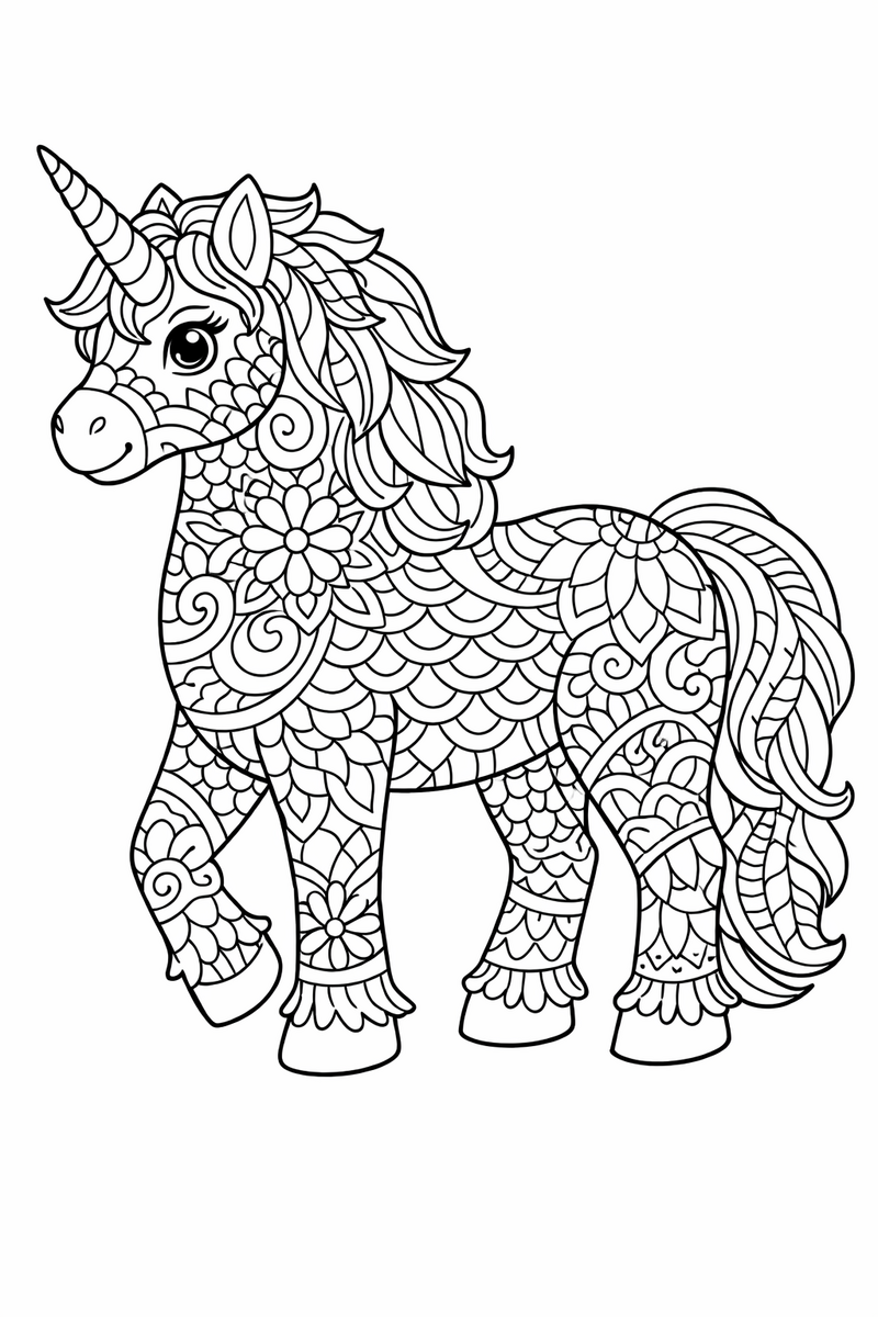 A standing unicorn filled edge to edge with intricate zentangle patterns of scales, swirls and petals coloring page