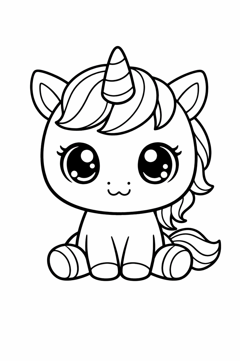 A tiny chibi kawaii unicorn with a huge head, sparkly round eyes and a stubby horn sitting cutely coloring page