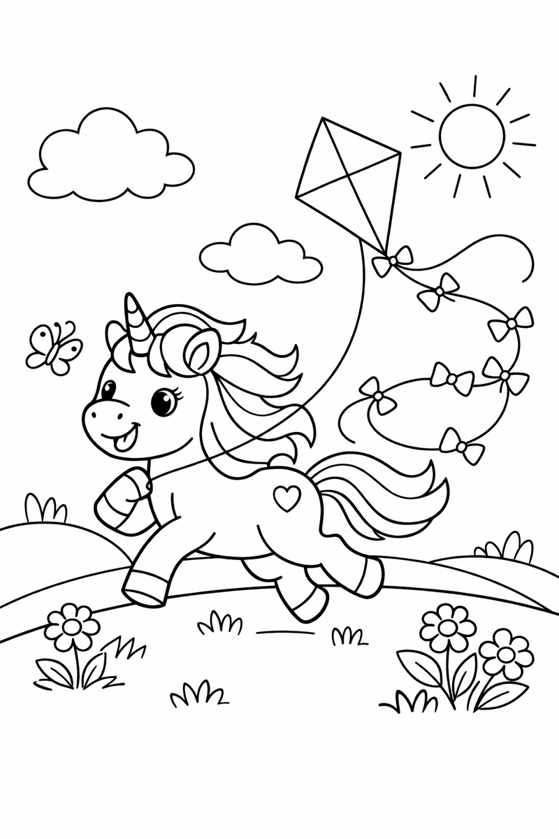 A playful unicorn running across a breezy hill flying a diamond kite with a long looping tail coloring page