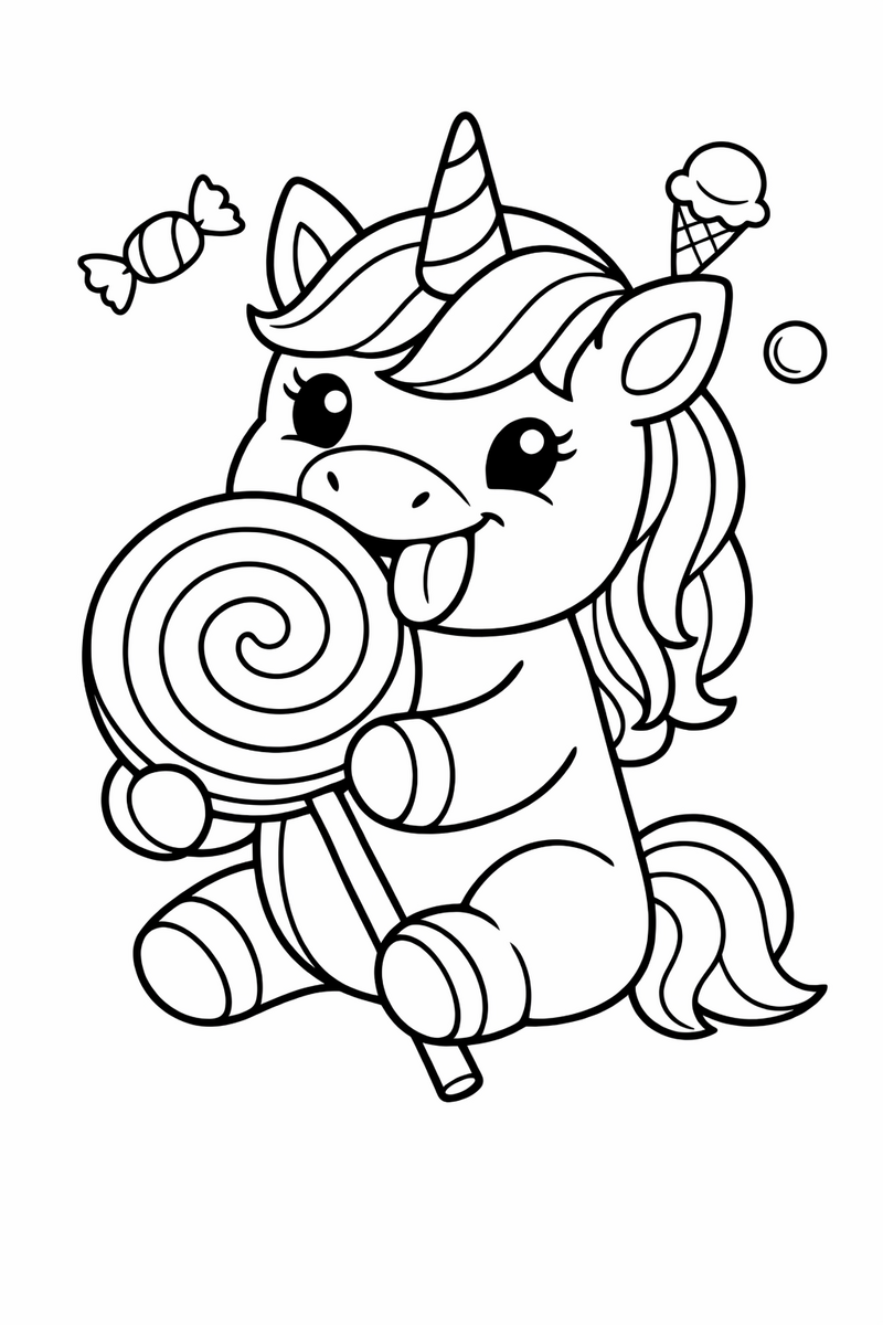 A sweet-toothed unicorn holding a giant spiral lollipop in both front hooves with its tongue out coloring page