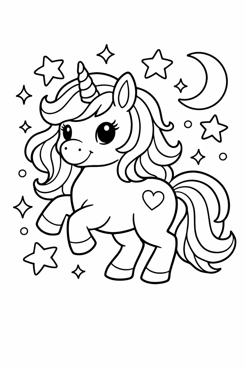 Dibujo de unicornio con crin ondulada y estrellas mágicas para colorear