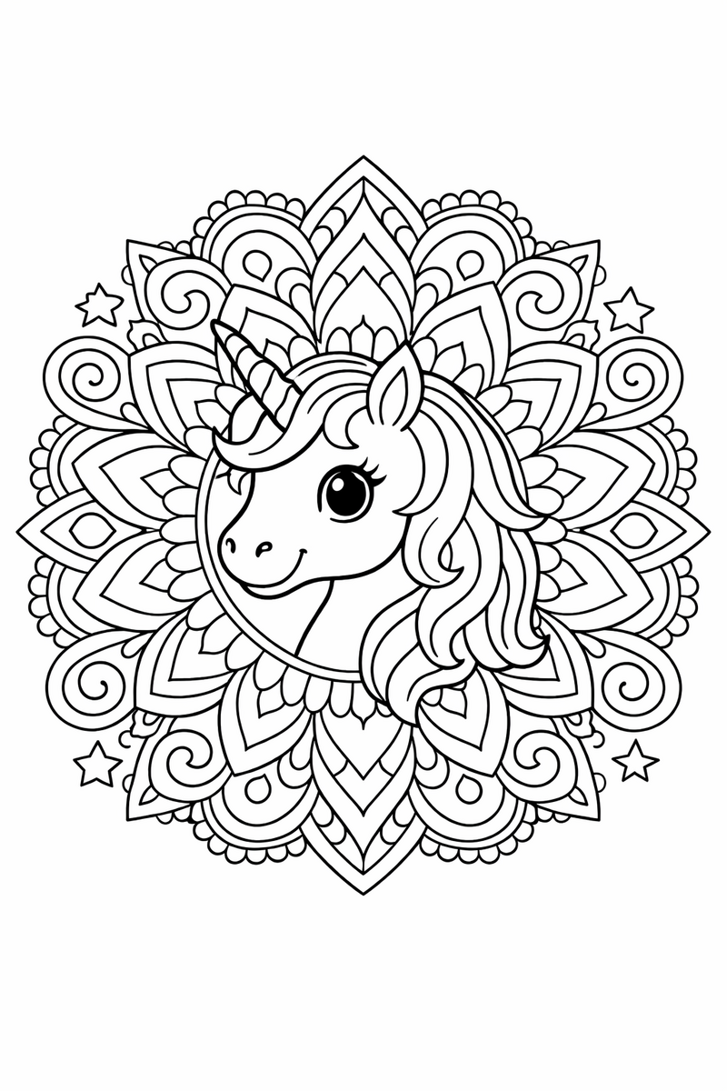 A unicorn head at the center of a round mandala of radiating petals, swirls, stars and lacework coloring page