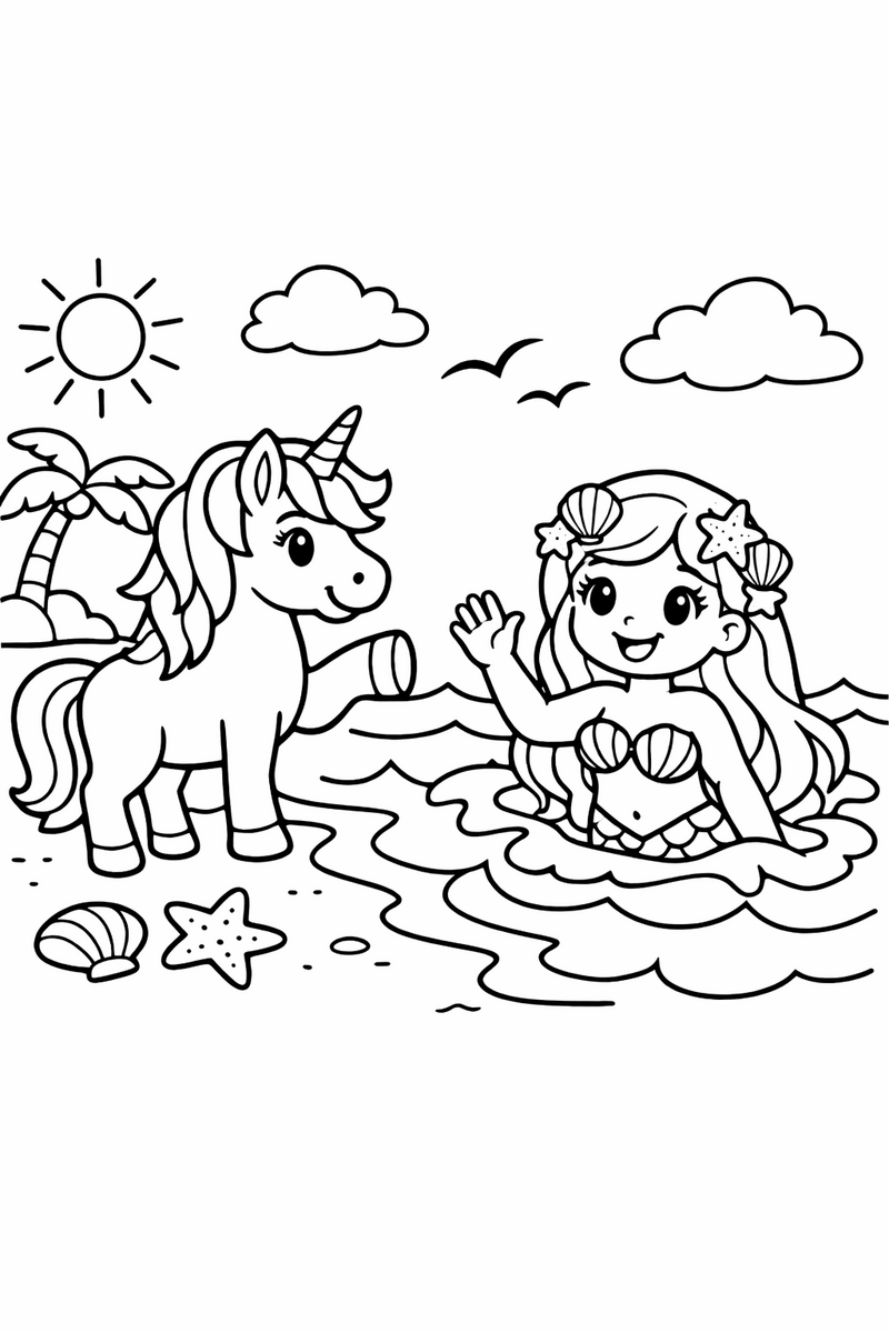 A unicorn at the shore greeting a friendly mermaid rising from the waves with shells in her hair coloring page