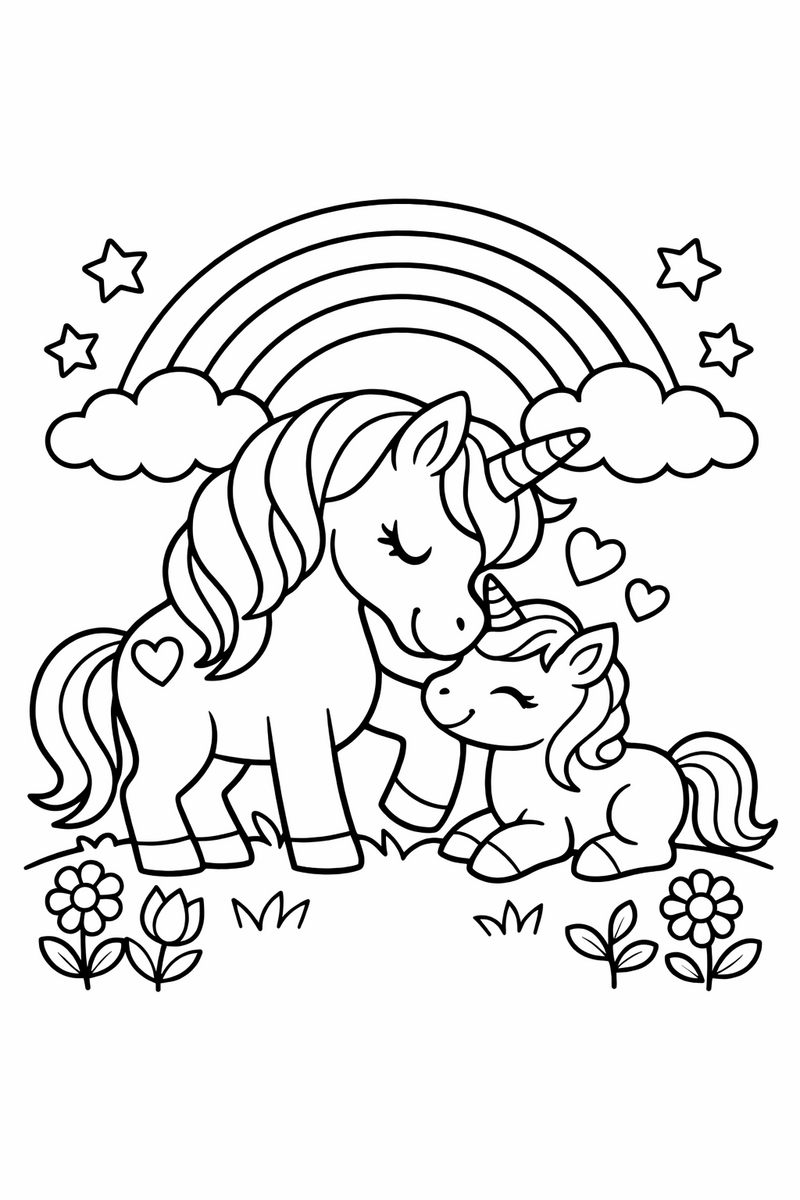 Dibujo de una mamá unicornio acariciando a su bebé bajo un arcoíris para colorear