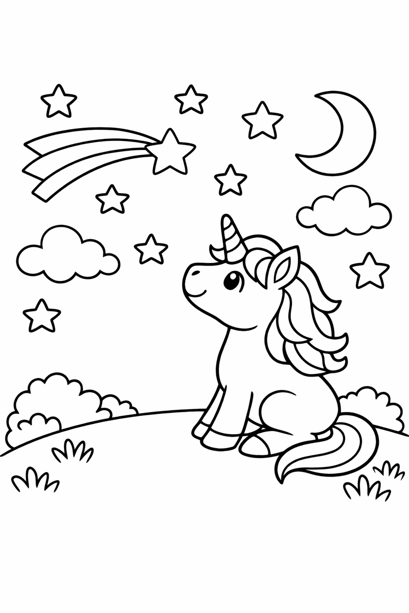 Dibujo de un unicornio mirando un cielo estrellado con una estrella fugaz para colorear