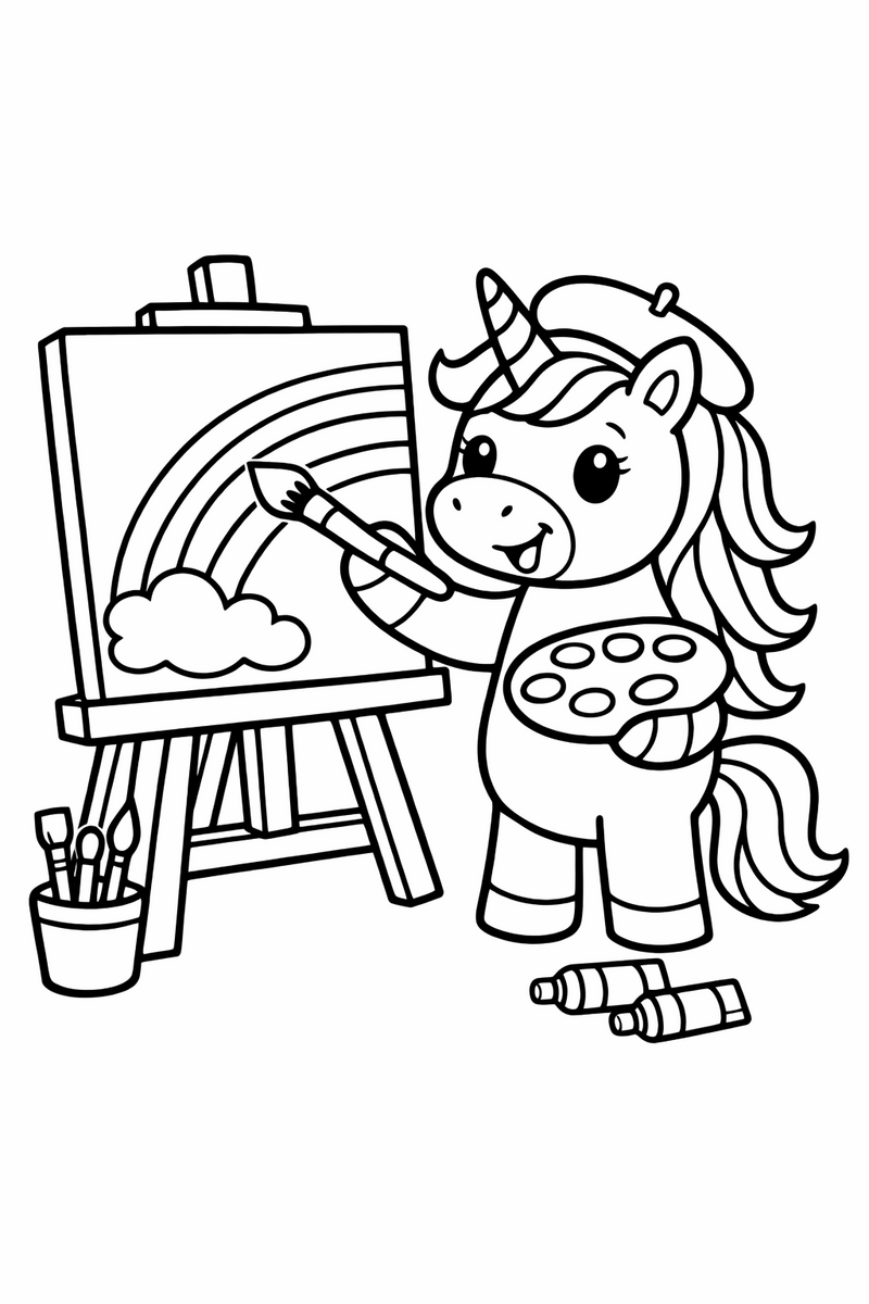 An artistic unicorn at an easel holding a brush and palette and dabbing a rainbow onto a canvas coloring page