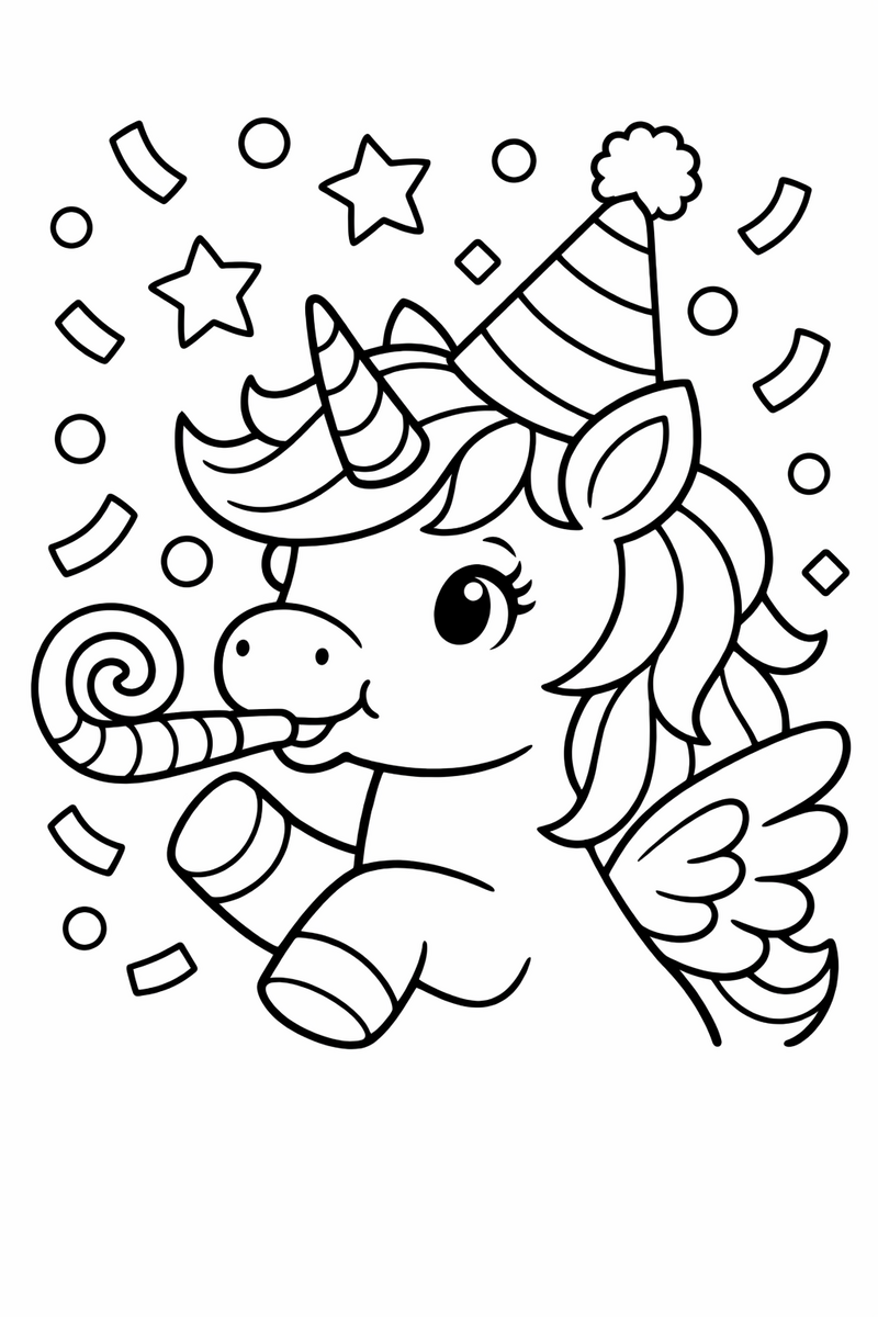 A festive unicorn wearing a cone party hat and blowing a curly party horn as confetti rains down coloring page