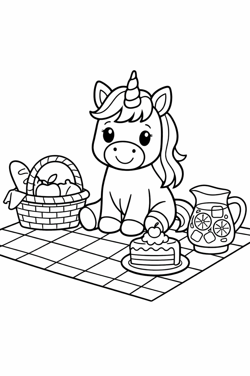 A unicorn sitting on a checkered picnic blanket with a basket, a slice of cake and a jug of lemonade coloring page