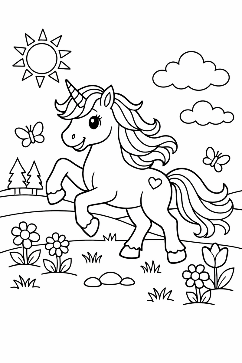 A unicorn prancing across a grassy meadow with one front hoof lifted high and mane streaming coloring page