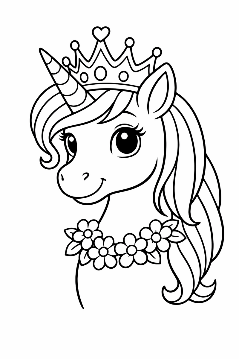 Dibujo de una unicornio princesa con corona y collar de flores para colorear