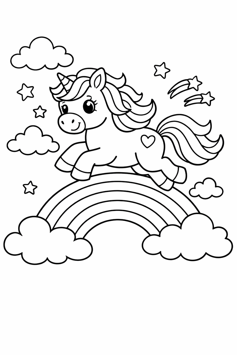 Dibujo de un unicornio saltando sobre un arcoíris con nubes esponjosas para colorear