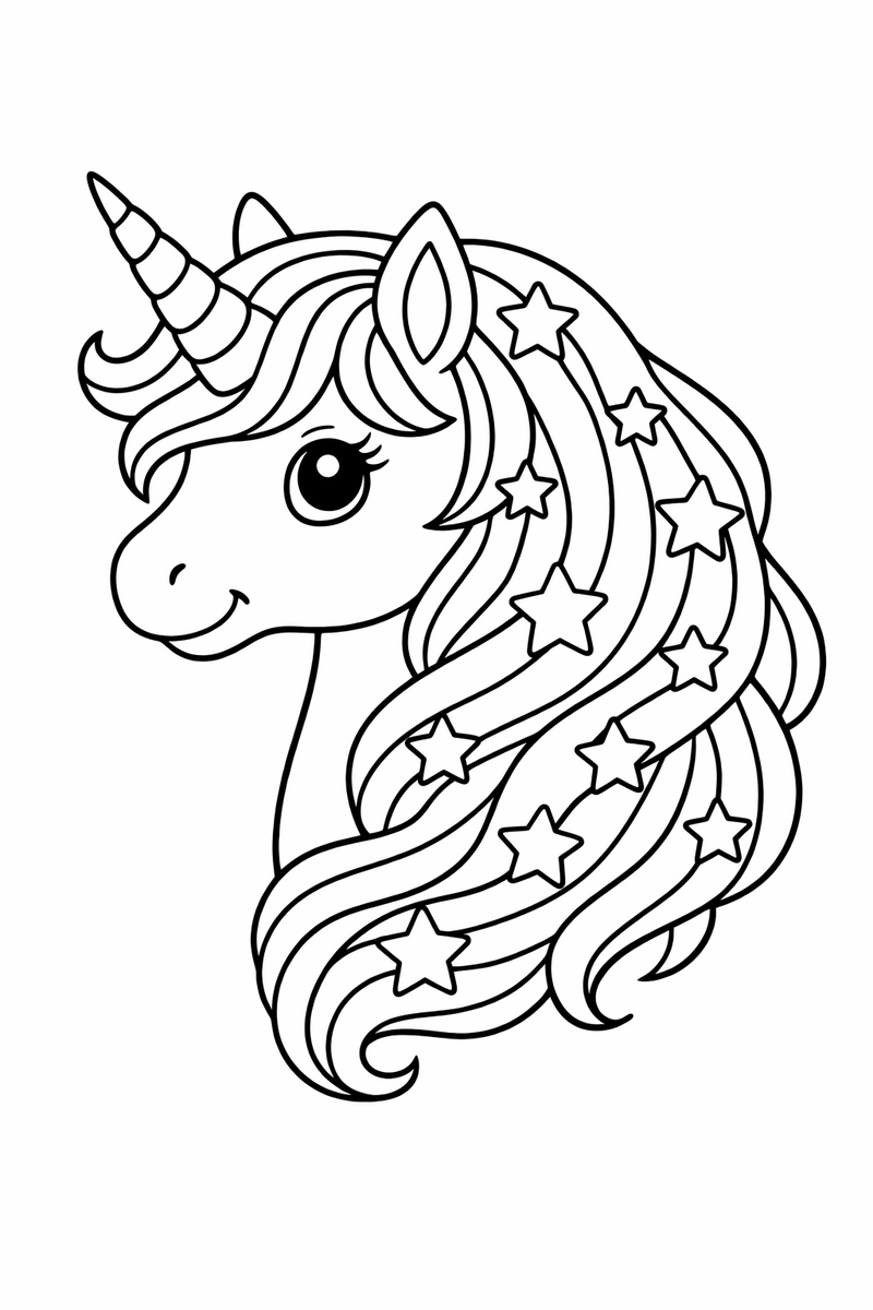Dibujo de un retrato de unicornio con una larga melena arcoíris llena de estrellas para colorear