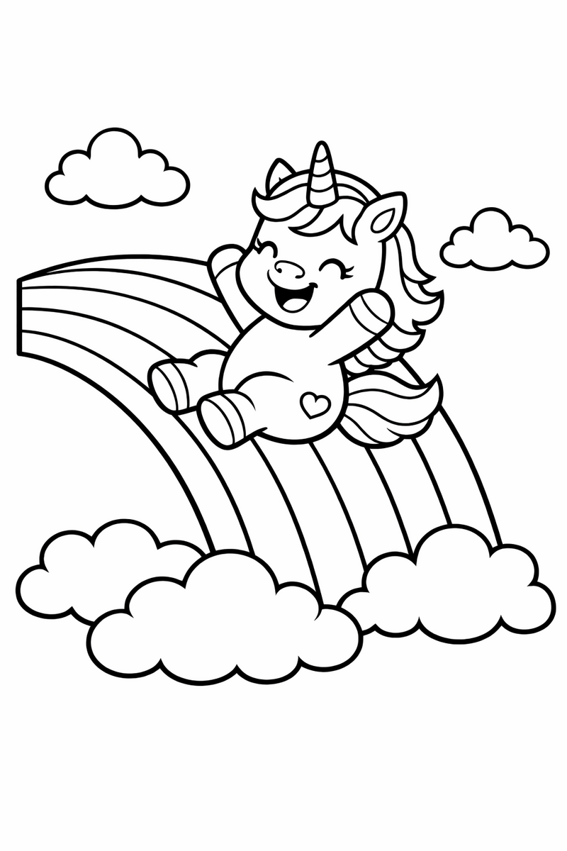 A giggling unicorn sliding down the curve of a broad rainbow like a slide with clouds at the bottom coloring page