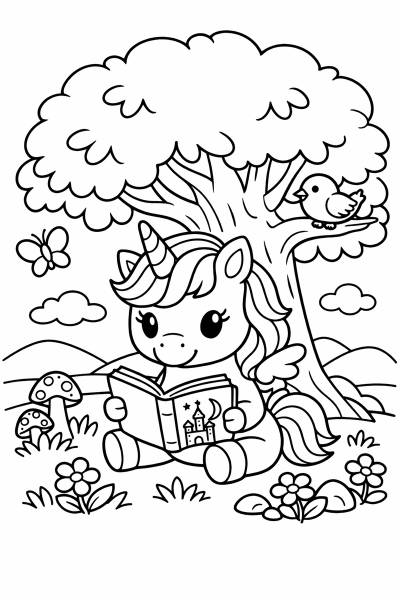 Dibujo de un unicornio leyendo un cuento bajo un gran árbol para colorear