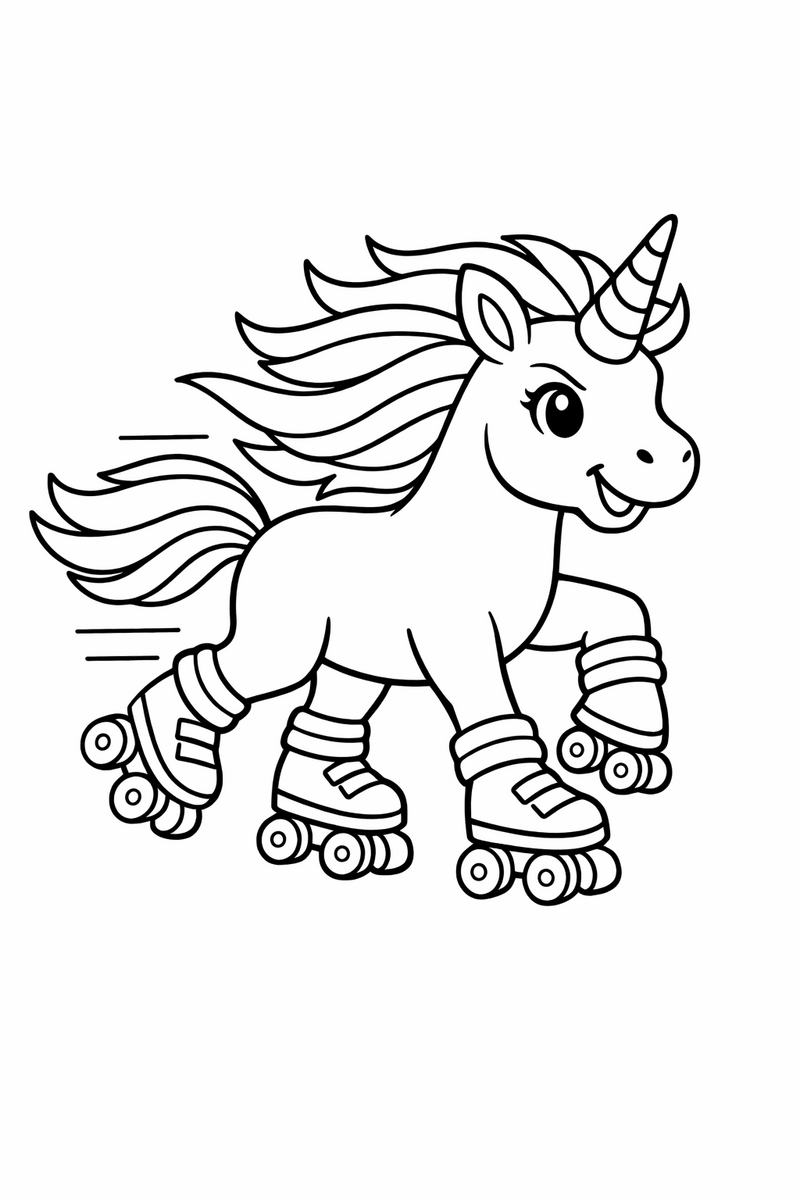 A speedy unicorn gliding along on four roller skates with wristbands and its mane blown back coloring page