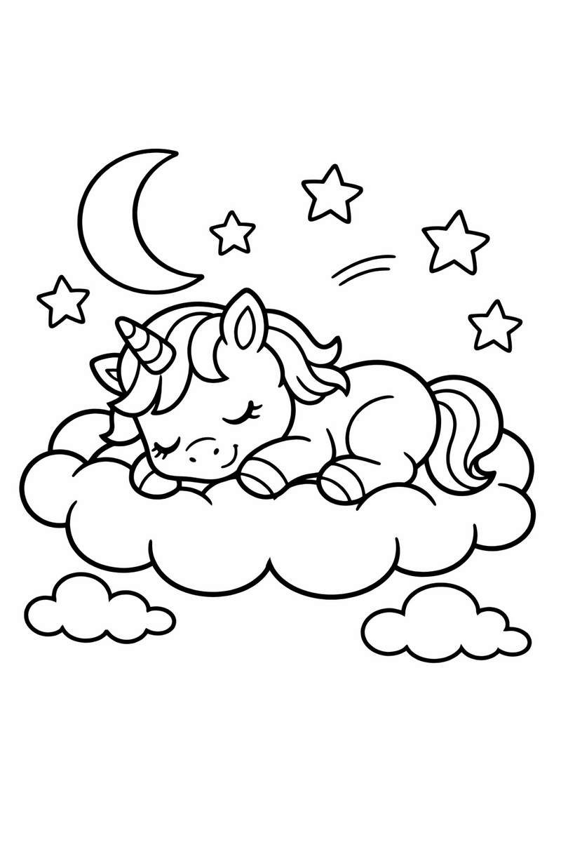 Dibujo de un bebé unicornio durmiendo sobre una nube bajo la luna y las estrellas para colorear