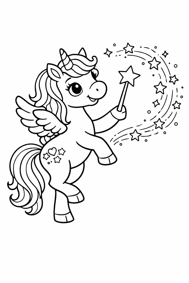 A magical unicorn balancing a star-tipped wand on one hoof and trailing sparkles as it casts a spell coloring page
