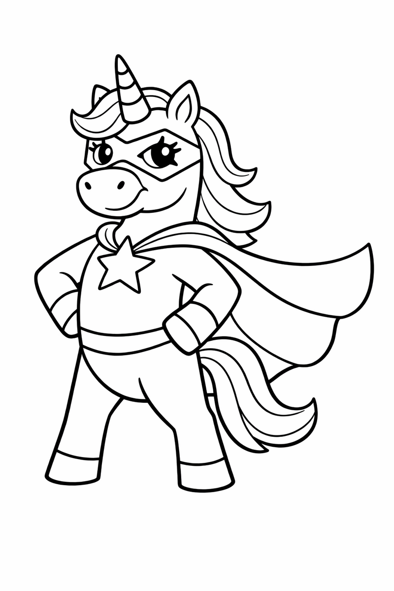 A brave unicorn in a flowing cape and star mask striking a superhero pose with one hoof on its hip coloring page