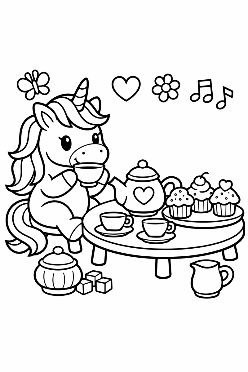 Dibujo de un unicornio en una fiesta de té con magdalenas y tetera para colorear