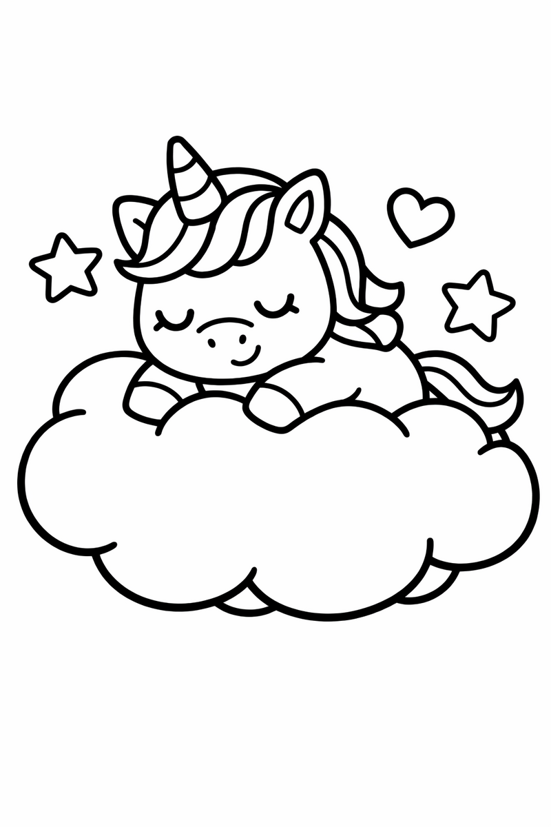 A very simple unicorn with extra thick lines resting on a chunky round cloud for toddlers coloring page