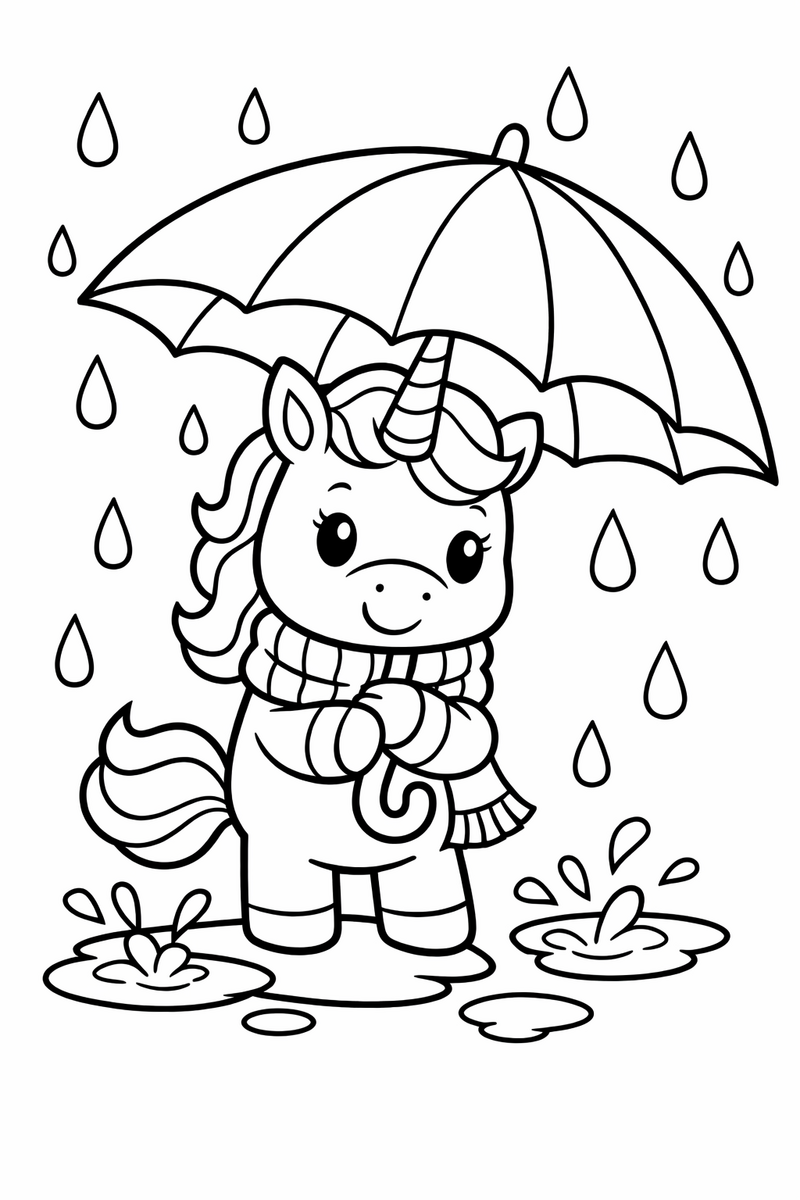 A cozy unicorn holding a big umbrella with its horn while raindrops and puddles splash around coloring page