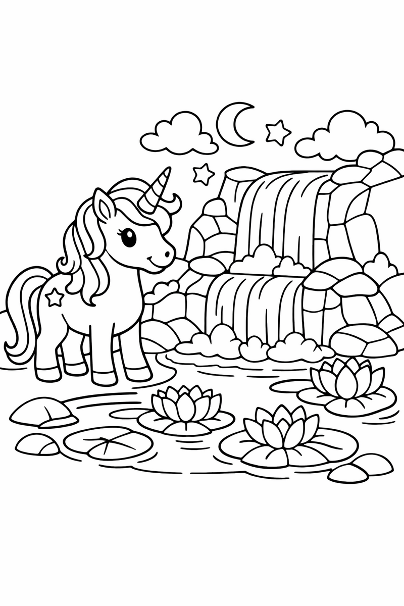 Dibujo de un unicornio junto a una cascada mágica con nenúfares para colorear