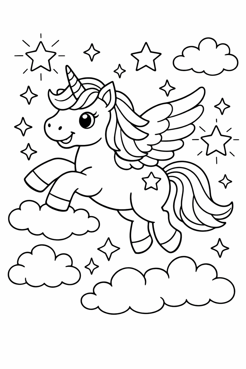 Dibujo de un unicornio alado volando entre nubes y estrellas brillantes para colorear