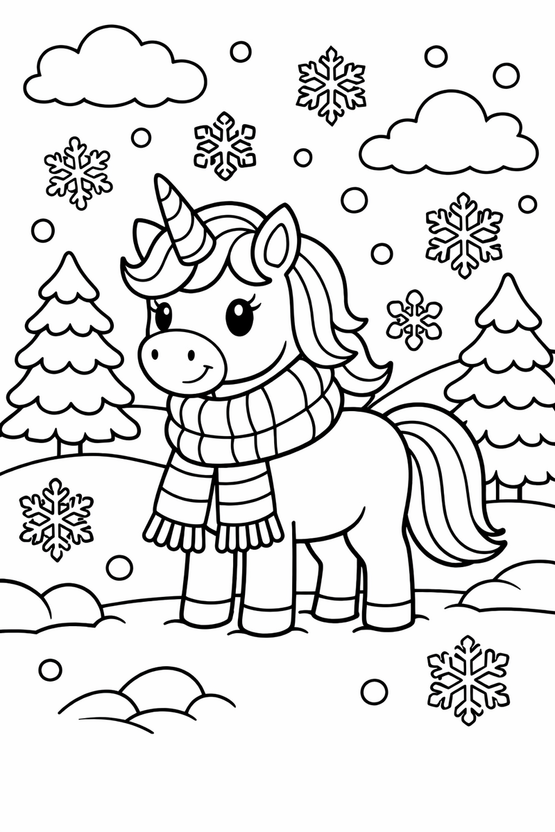Dibujo de un unicornio con bufanda en un paisaje nevado con copos de nieve para colorear