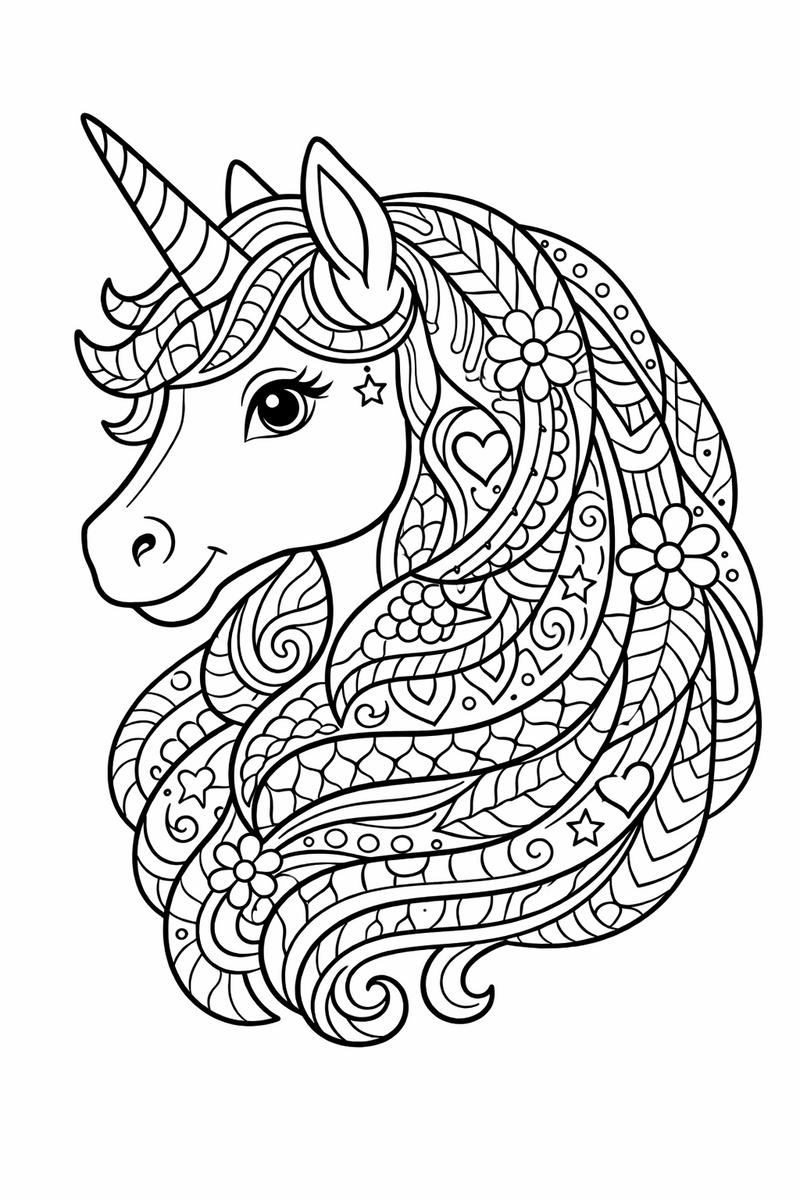 Dibujo intrincado de un unicornio con melena de patrones detallados para adultos y niños mayores, para colorear