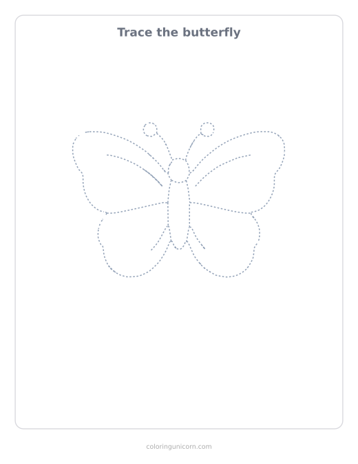Printable butterfly tracing page, dashed outline to trace with a pencil