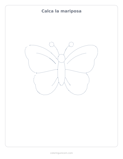 Ficha para calcar la mariposa, dibujo en línea de puntos para repasar con lápiz