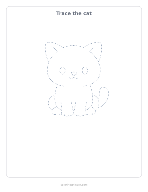 Printable cat tracing page, dashed outline to trace with a pencil