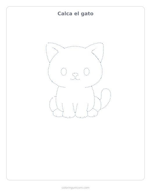 Ficha para calcar el gato, dibujo en línea de puntos para repasar con lápiz
