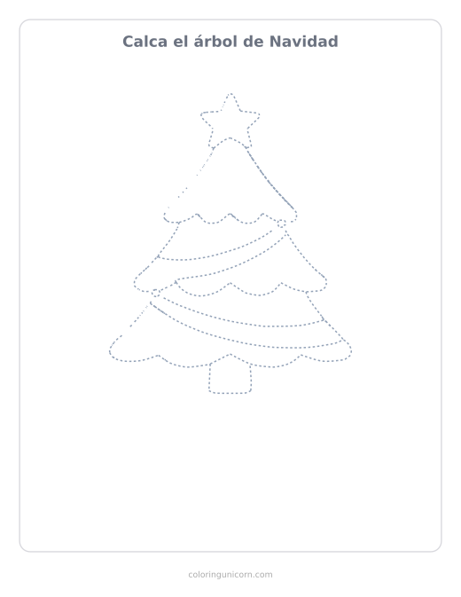 Ficha para calcar el árbol de Navidad, dibujo en línea de puntos para repasar con lápiz